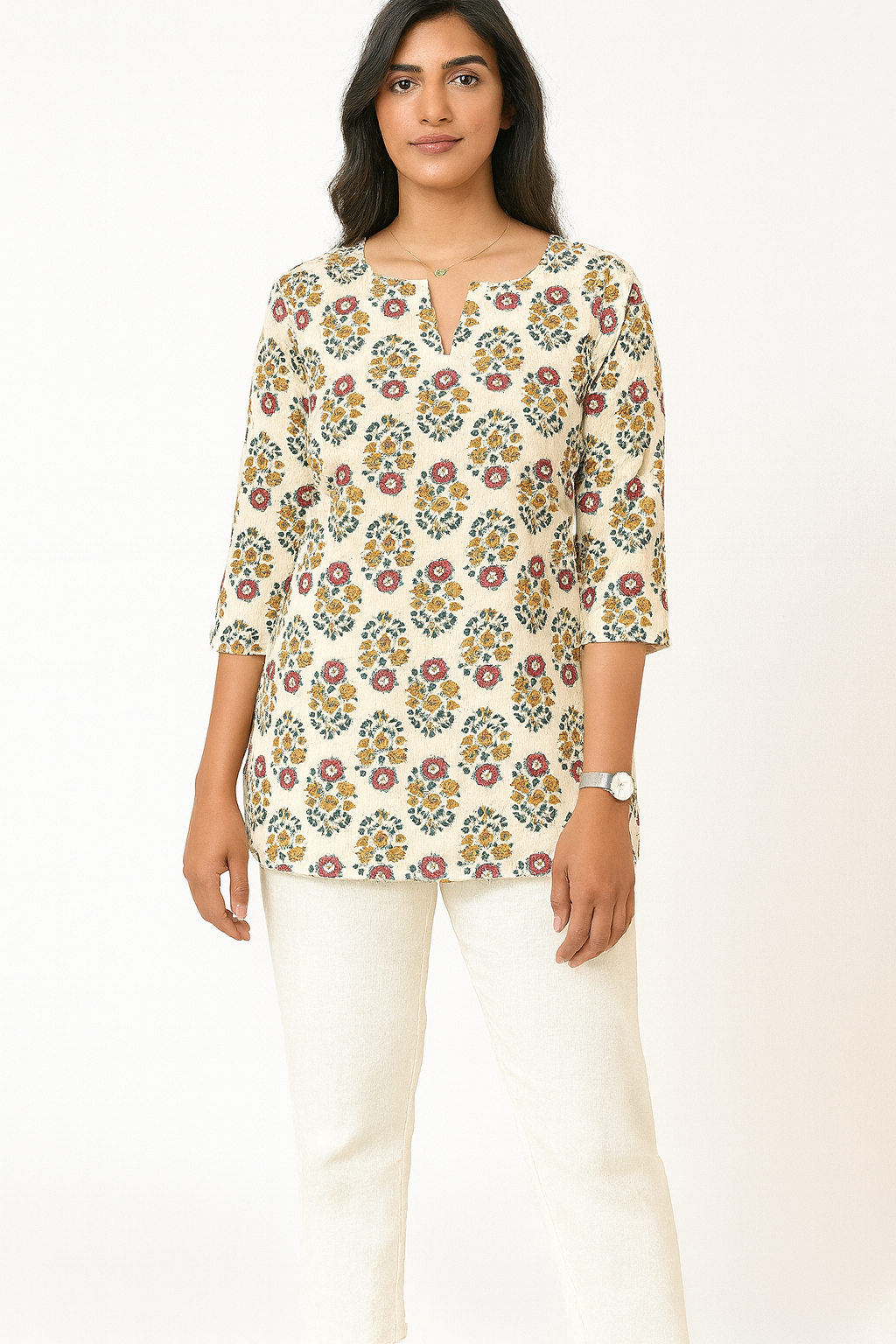 Breezy Beige Cotton Short Kurthi