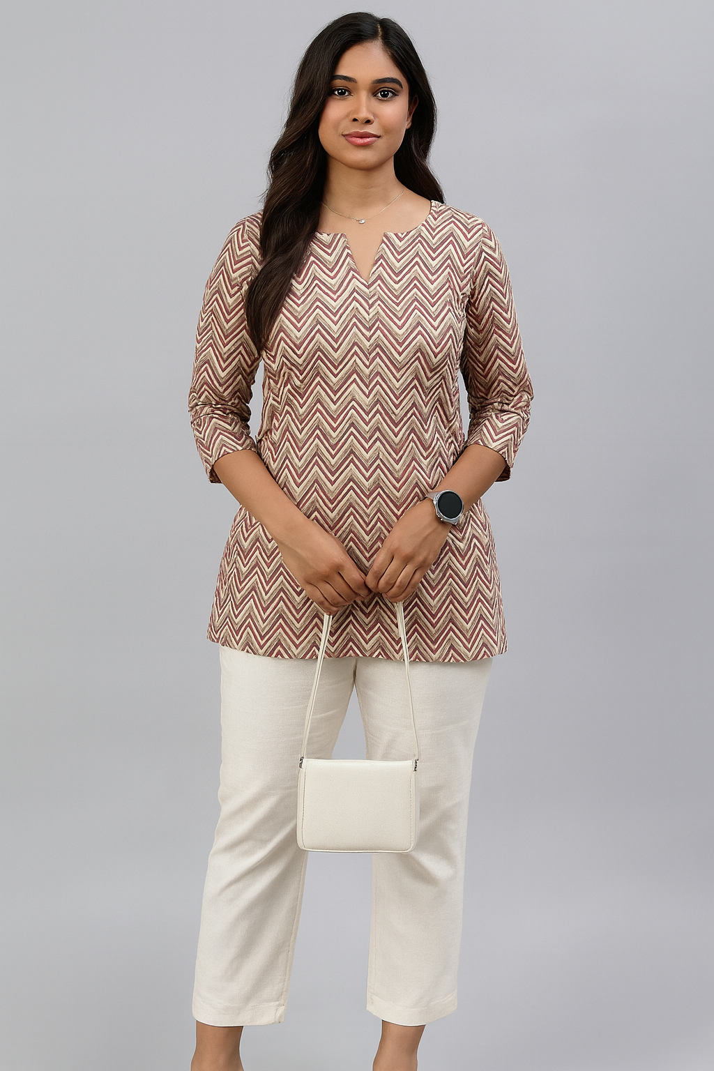 Breezy Beige & Brown Cotton Short Kurthi