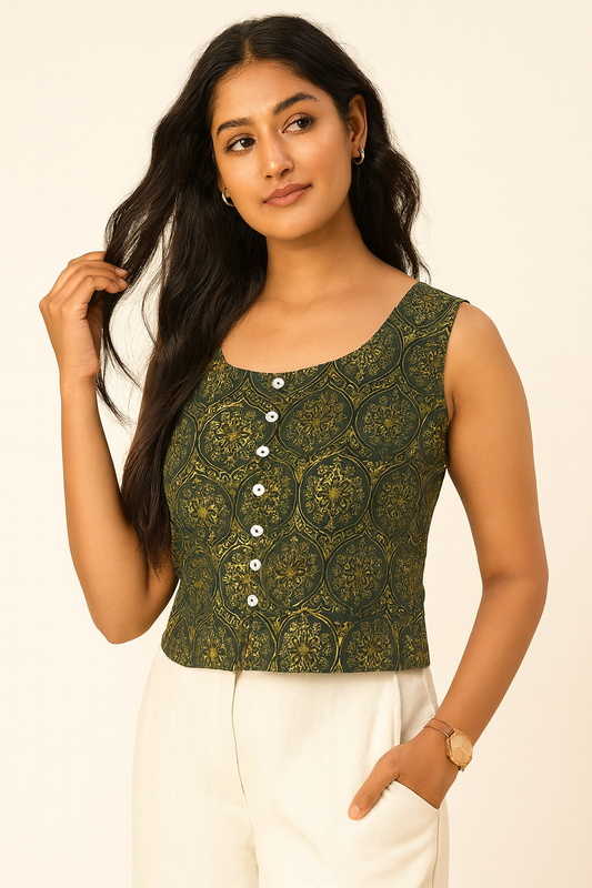 Green Ajrakh Crop Top