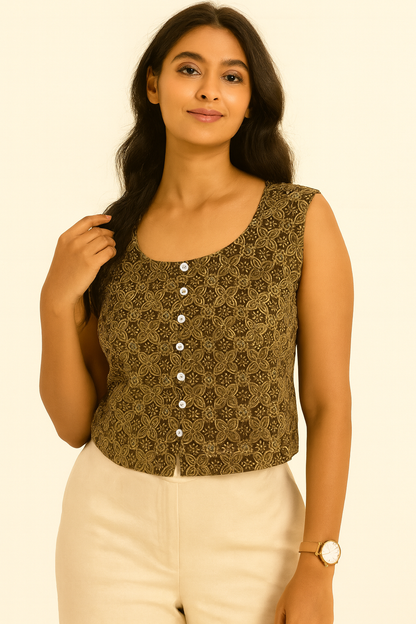 Brown Ajrakh motif Crop Top