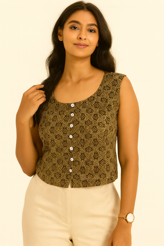 Brown Ajrakh motif Crop Top