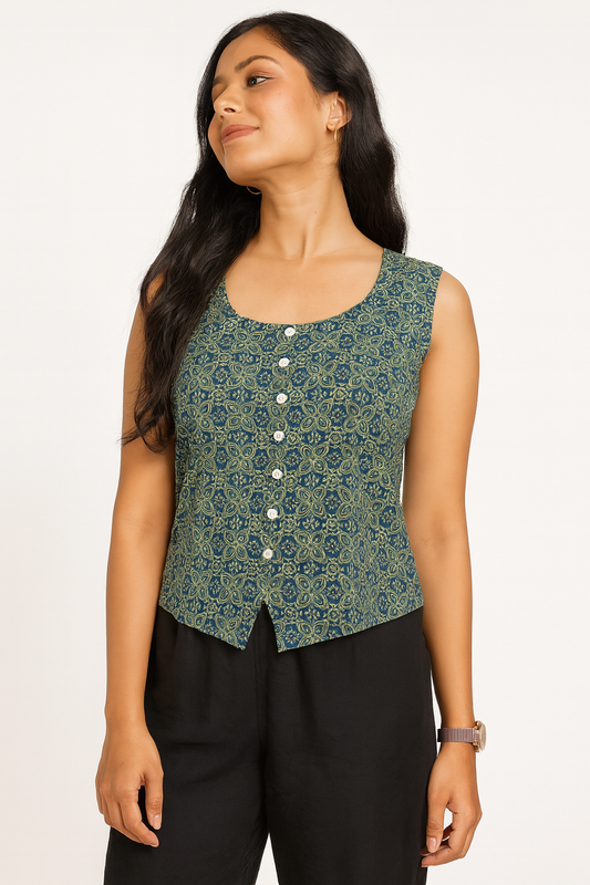 Greenish Blue Ajrakh Crop Top