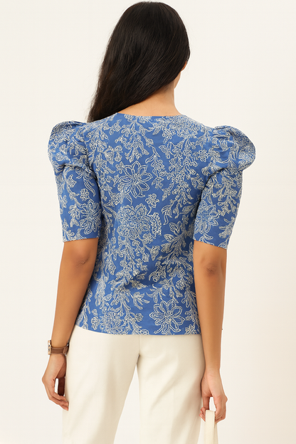 Blue Floral V-neck Tunic