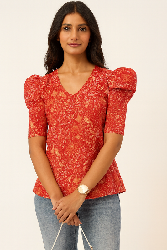 Red Floral V-neck Tunic