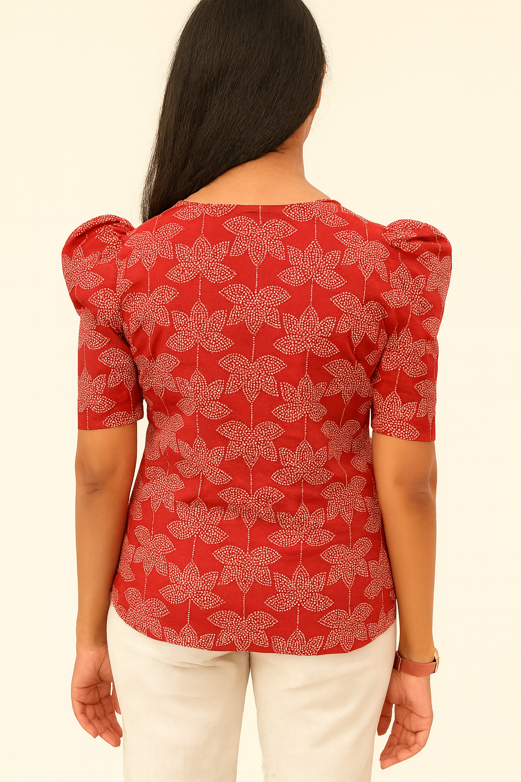 Red V-neck Puff sleeve Tunic