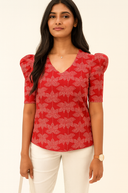 Red V-neck Puff sleeve Tunic