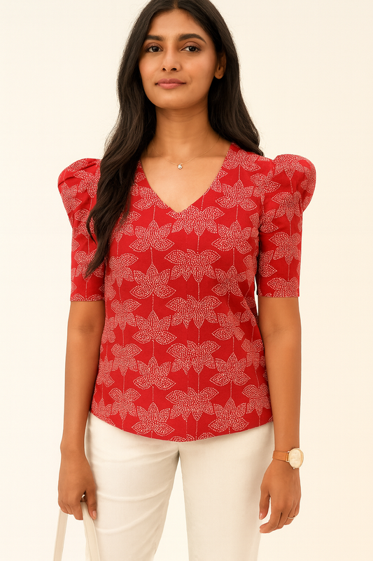 Red V-neck Puff sleeve Tunic