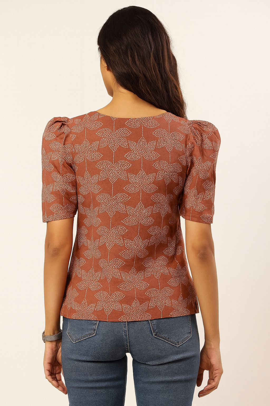 Brown V-neck puff Tunic