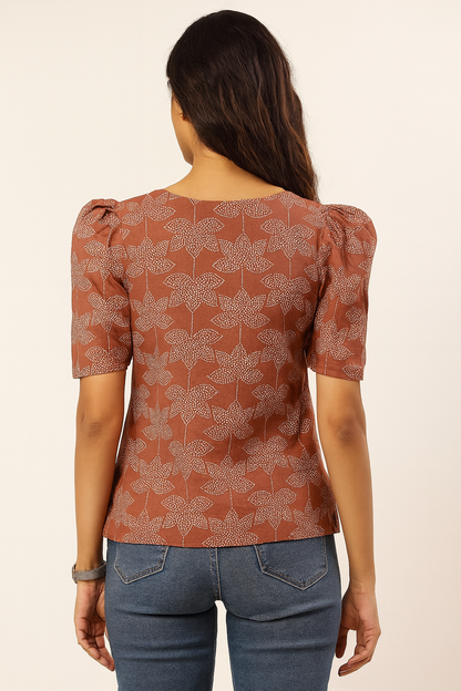 Brown V-neck puff Tunic