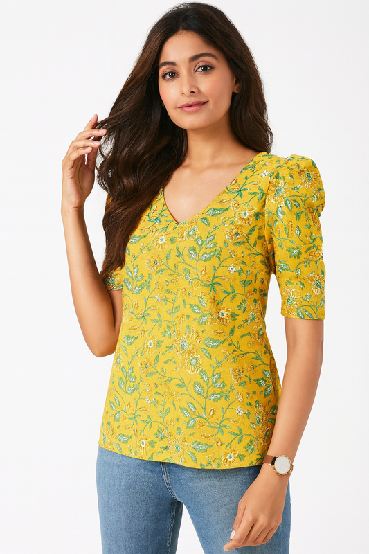 Mustard Yellow Floral V-neck Tunic