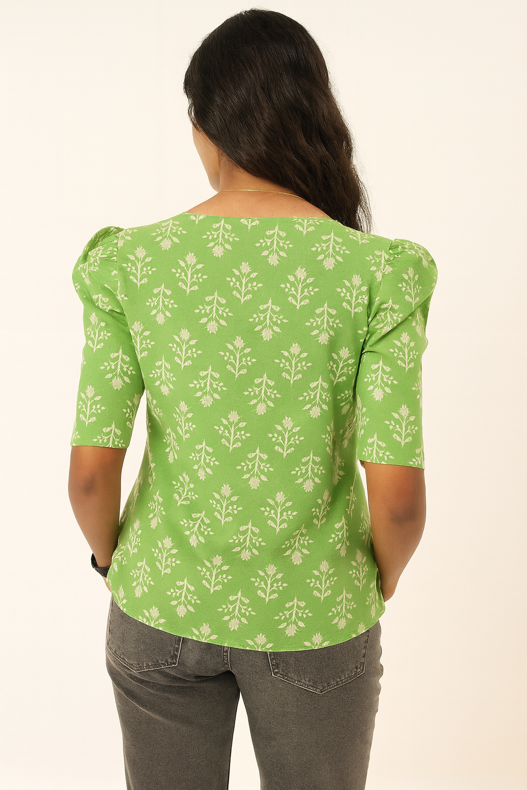 Green V-neck Puff Tunic