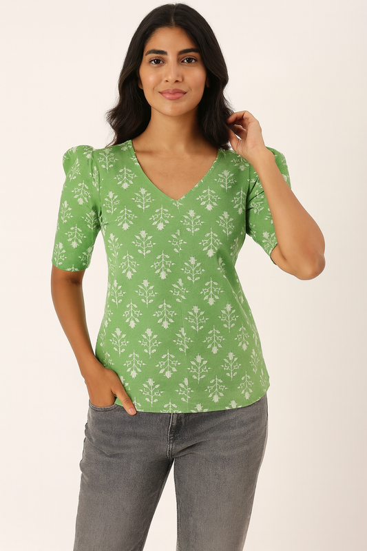 Green V-neck Puff Tunic