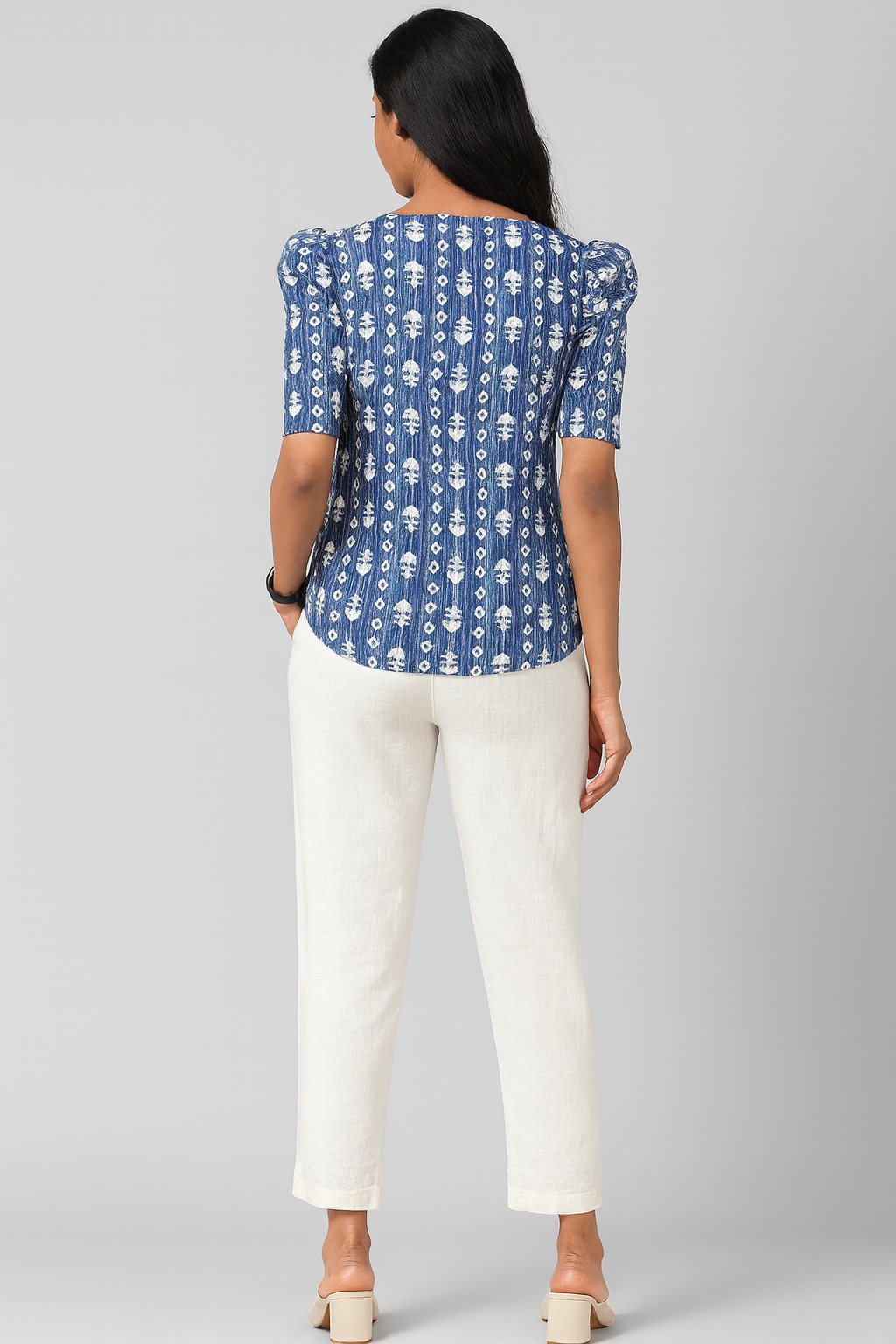 Blue Kantha V-neck Puff Tunic