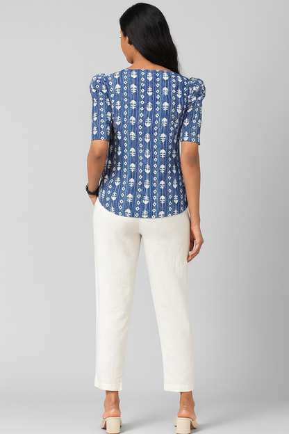 Blue Kantha V-neck Puff Tunic