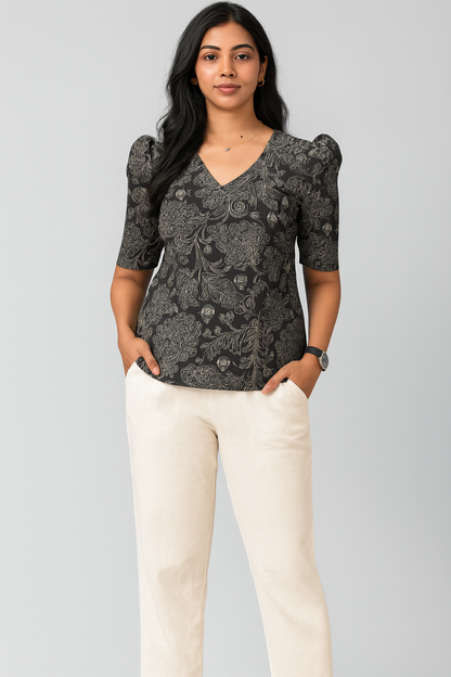 Black Floral V-neck Puff Tunic