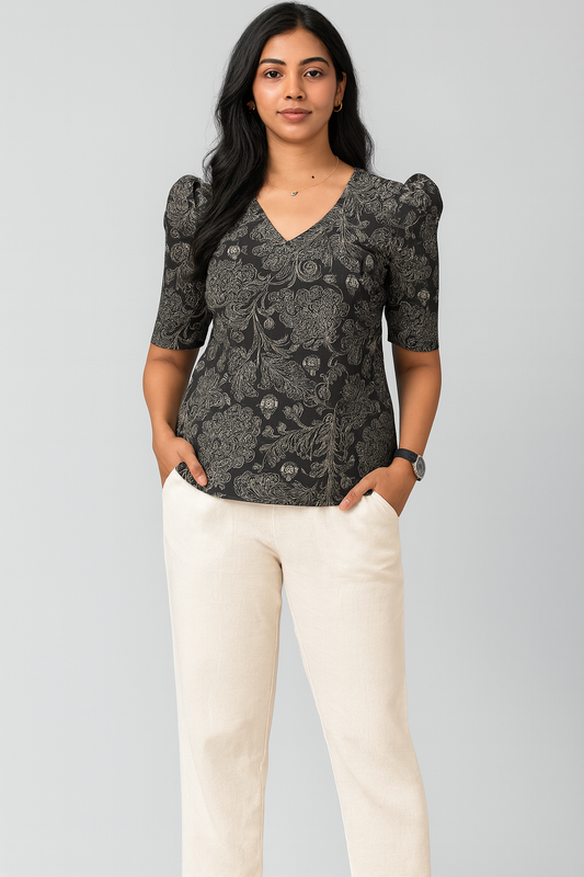 Black Floral V-neck Puff Tunic