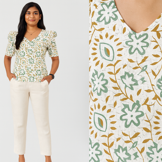 White Floral V-neck Puff Tunic
