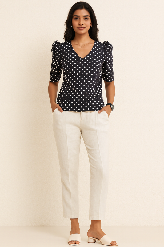 Black Polka Dots V-neck Puff Tunic