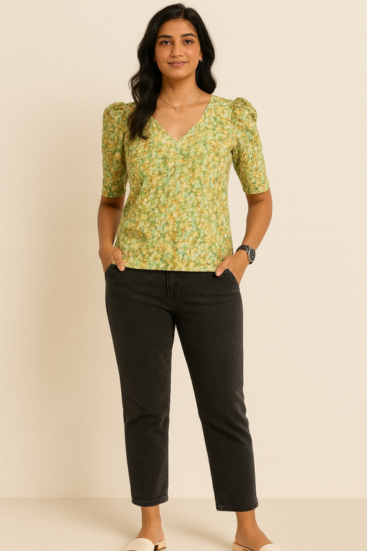 Green V-neck Puff Tunic