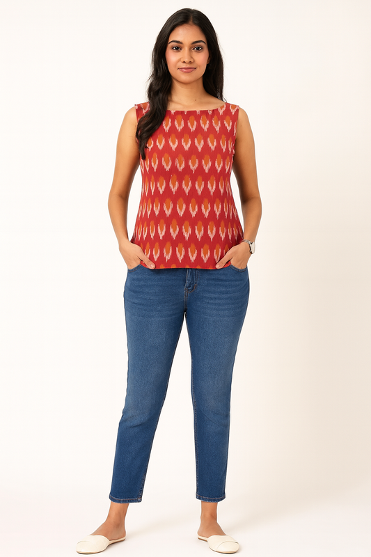 Orange Ikkat Sleeveless Tunic