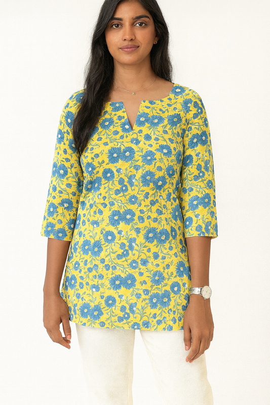 Breezy Yellow Cotton Short Kurthi