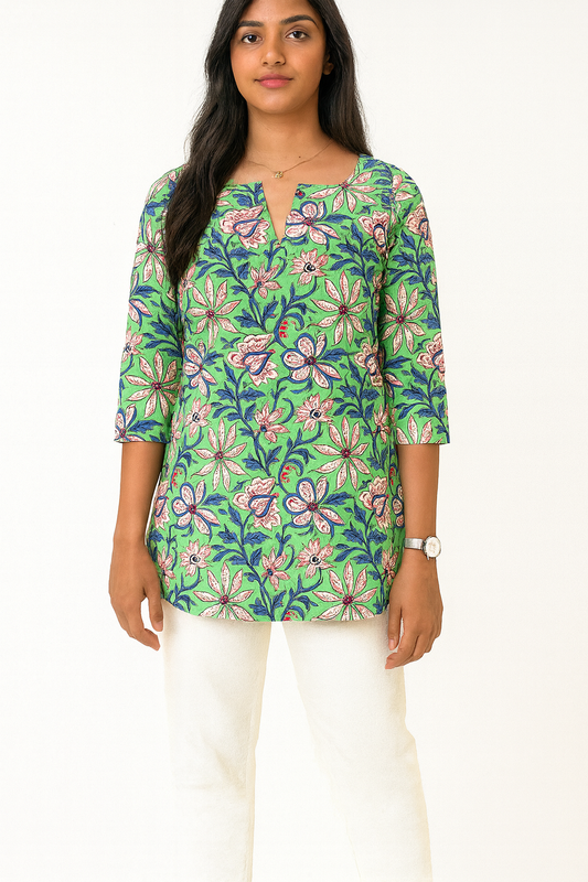 Breezy Green Cotton Short Kurthi