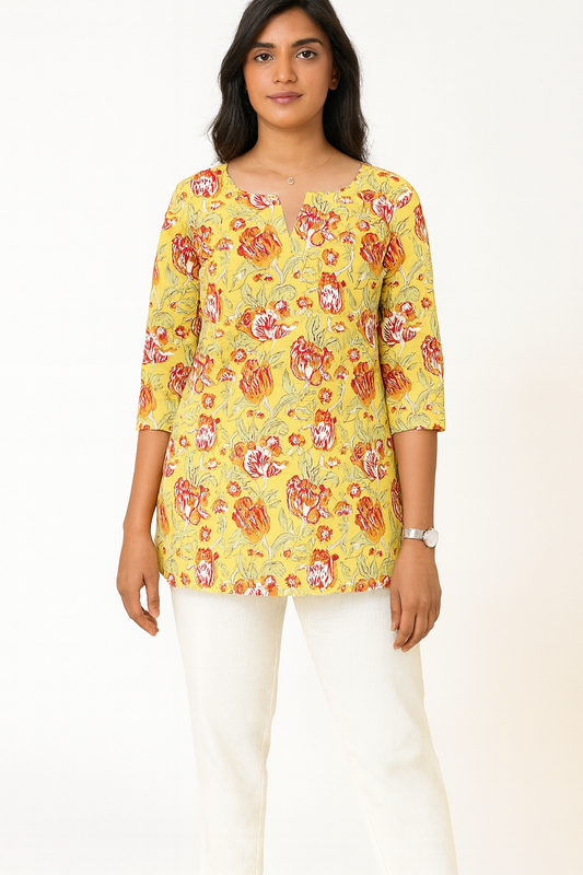 Breezy Yellow Floral Cotton Short Kurthi