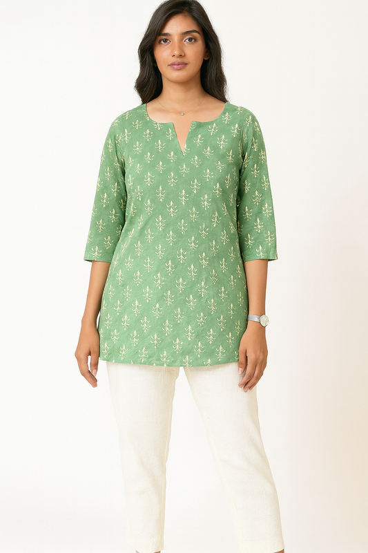 Breezy Green Cotton Short Kurthi