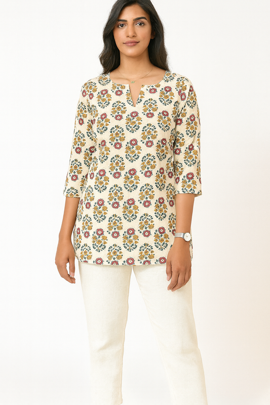 Breezy Beige Cotton Short Kurthi