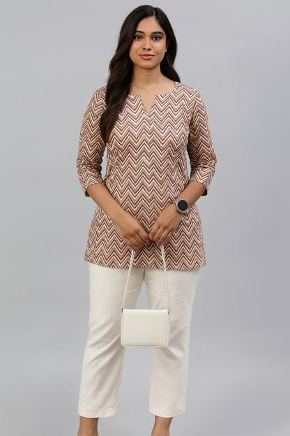 Breezy Beige & Brown Cotton Short Kurthi