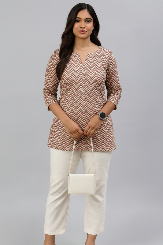 Breezy Beige & Brown Cotton Short Kurthi