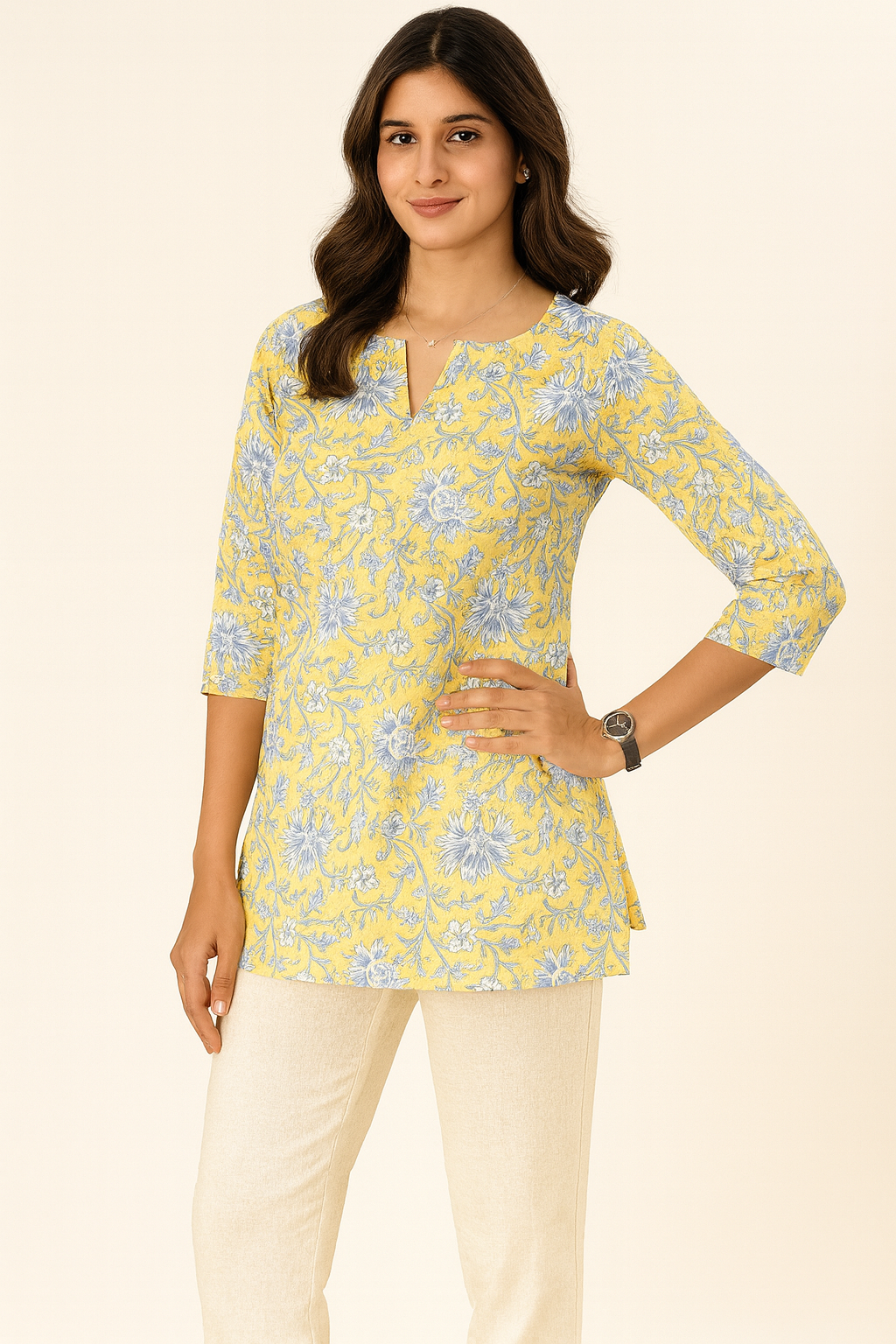 Breezy Yellow floral Cotton Short Kurthi