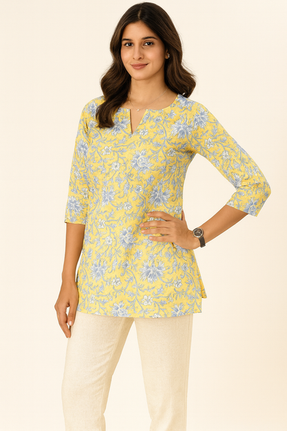 Breezy Yellow floral Cotton Short Kurthi