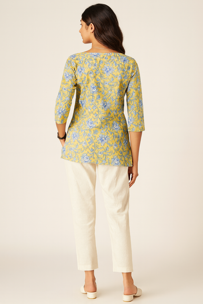 Breezy Yellow floral Cotton Short Kurthi
